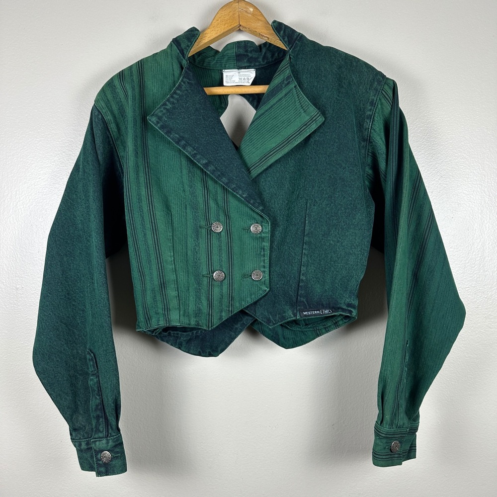 Western Ethics Women's S Jacket Green Striped Cropped Double Breasted Cutout